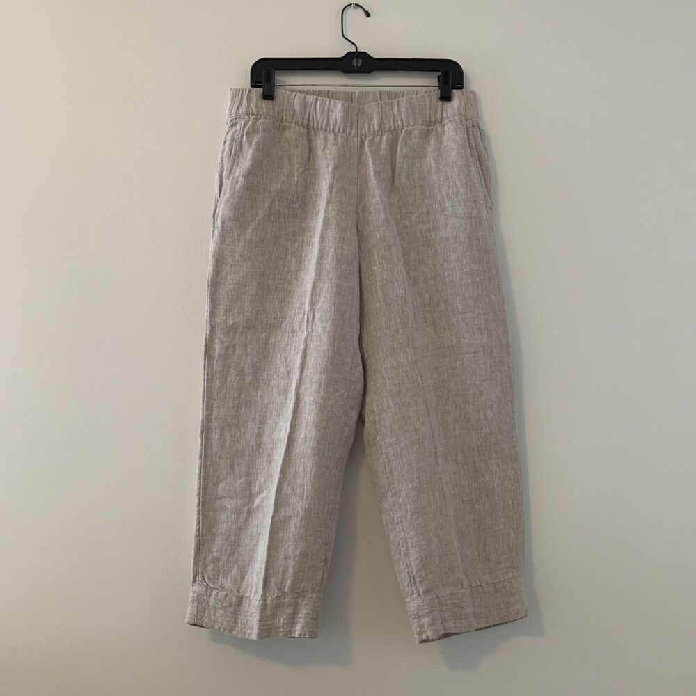 J Jill Pure Linen Wide Leg Pants Cropped Pull On Oat Color Pleated - Small